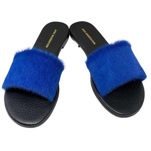 AVEC MODÉRATION Bora Bora Royal Blue Pony Hair Leather Slides - Picture 4 of 11